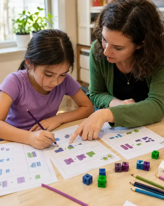 Criança praticando matemática com uma adulta