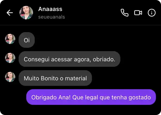 Mensagem dizendo que conseguiu acessar e achou o material bonito